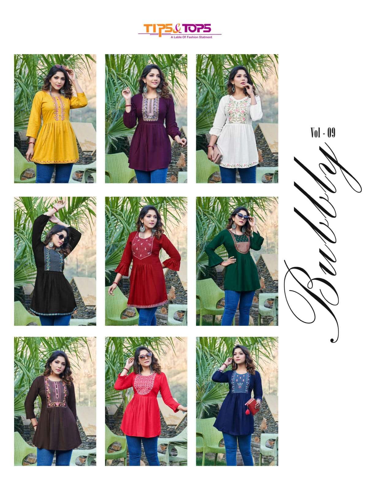 BUBBLY VOL 09 BY TIPS & TOPS BRAND PRESENTS HEAVY RAYON SLUB WITH HEAVY EMBROIDERY WORK WESTERN SHORT TOP WITH 34TH SLEEVES - INDEX